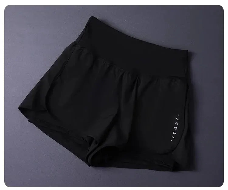 Women's 2-in-1 shorts with pockets, black lightweight breathable loose-fit with split-side design.