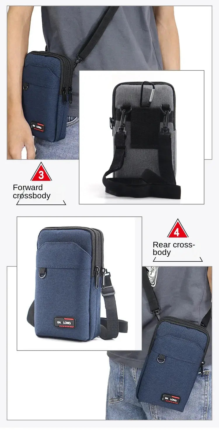Men's navy blue waterproof tactical waist pack with phone pouch and crossbody strap