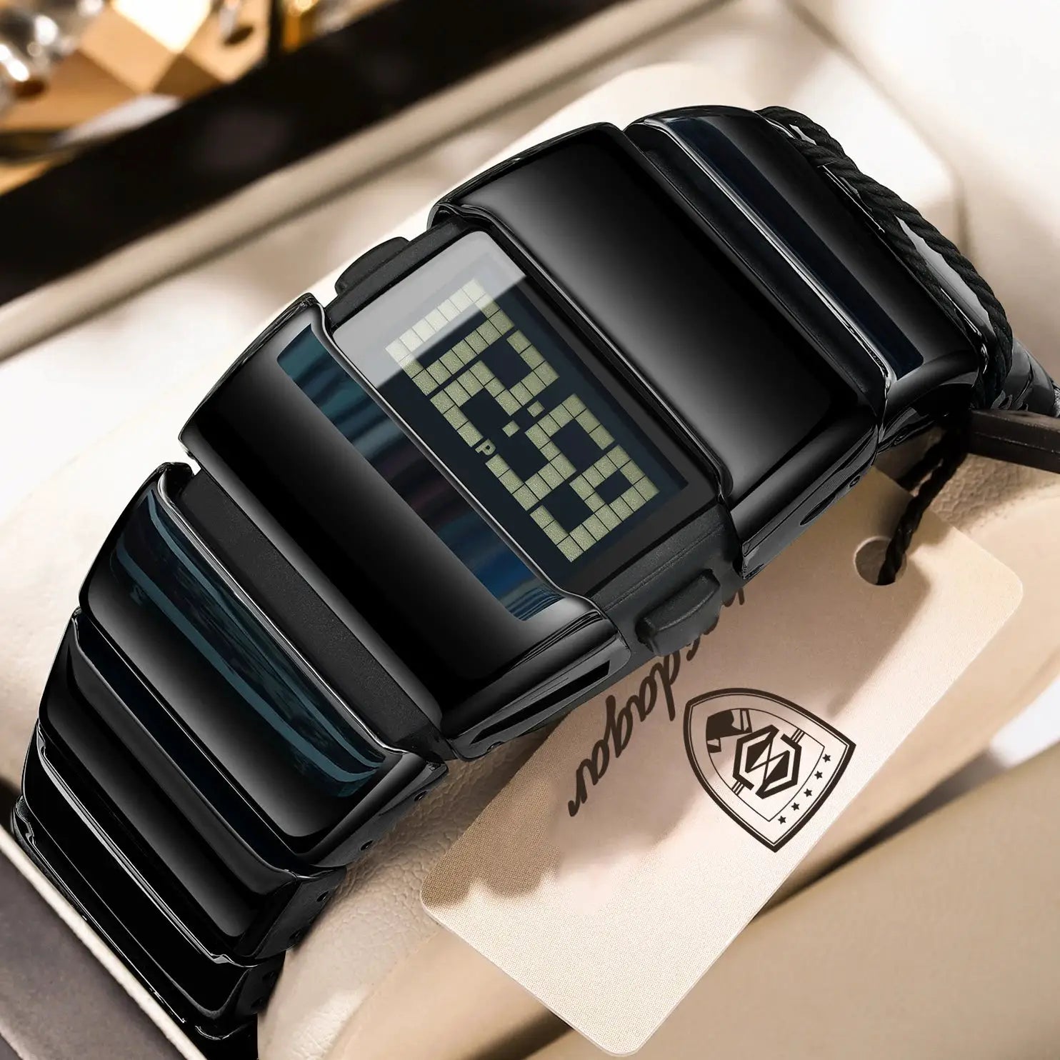 Men's LED digital watch with black stainless steel bracelet and rectangular display