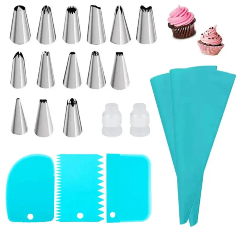 Silicone Piping Bags And Tips Set For Cake Decorating Reusable Pastry Tool With Stainless Steel Nozzles