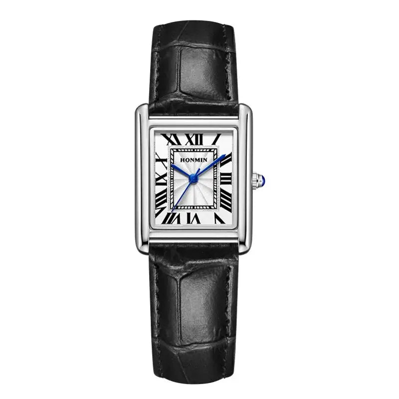 Watch HONMIN rectangular leather-strap wristwatch with silver case, Roman numerals, and blue hands.