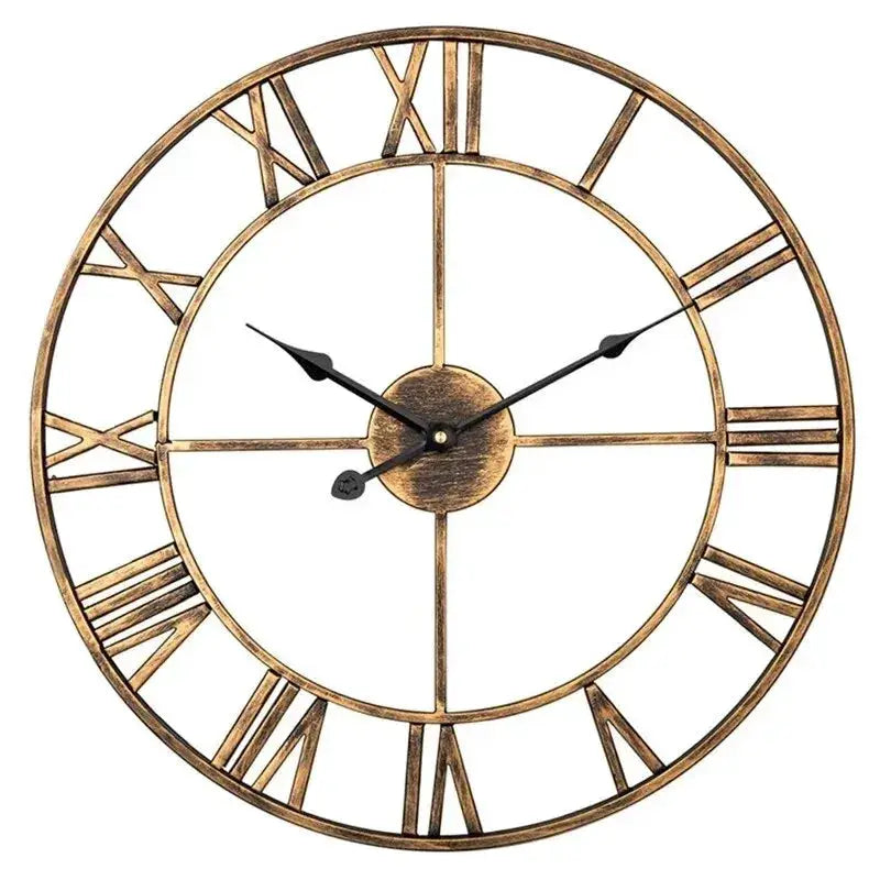Metal wall clock with Roman numerals in antique bronze finish; open circular skeleton design with black hands.