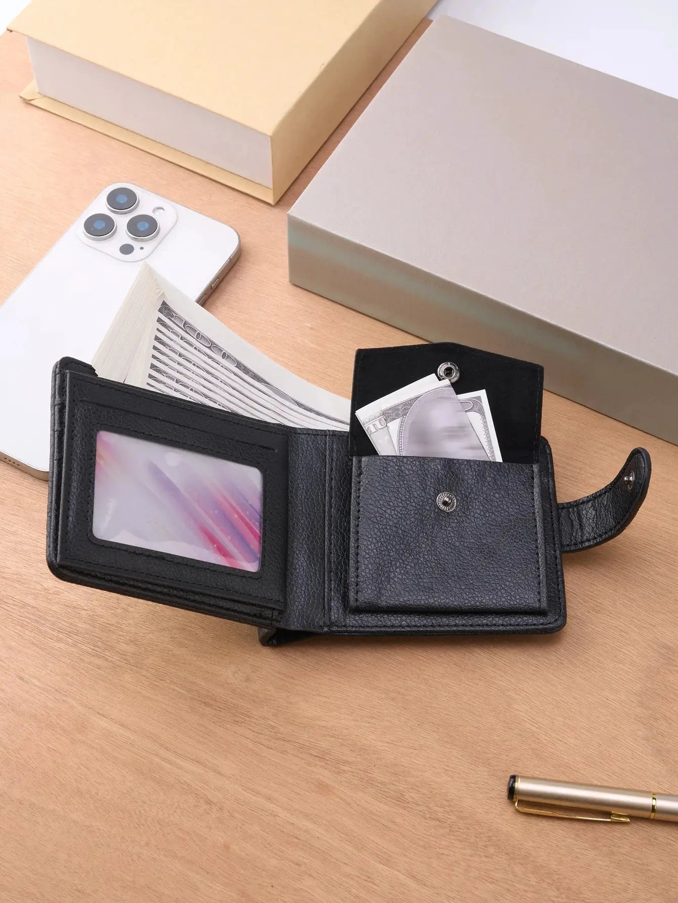 Simples Market black leather men's wallet with zipper coin pocket, slim multi-card slots and ID window
