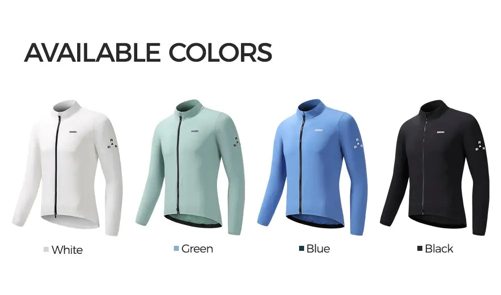 RION men's long-sleeve windbreaker in four colorways: white, green, blue, black; windproof, packable jacket.