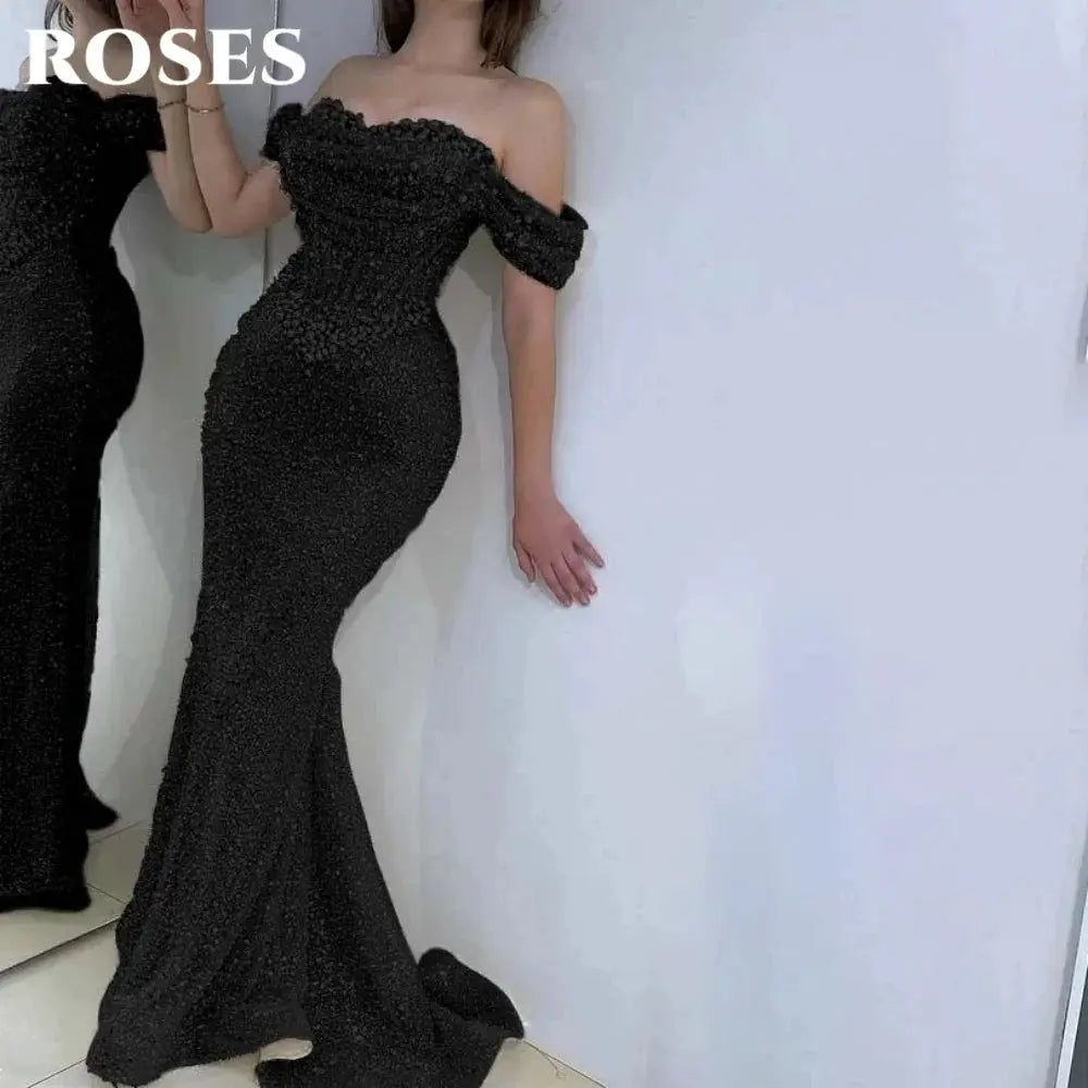 Roses Pearl Prom Dress Sweetheart Off Shoulder Gown With Sequins