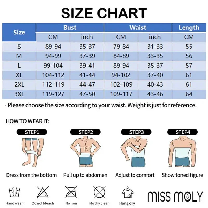 Men compression shirt size chart and wear guide; Simples Market with Miss Moly logo