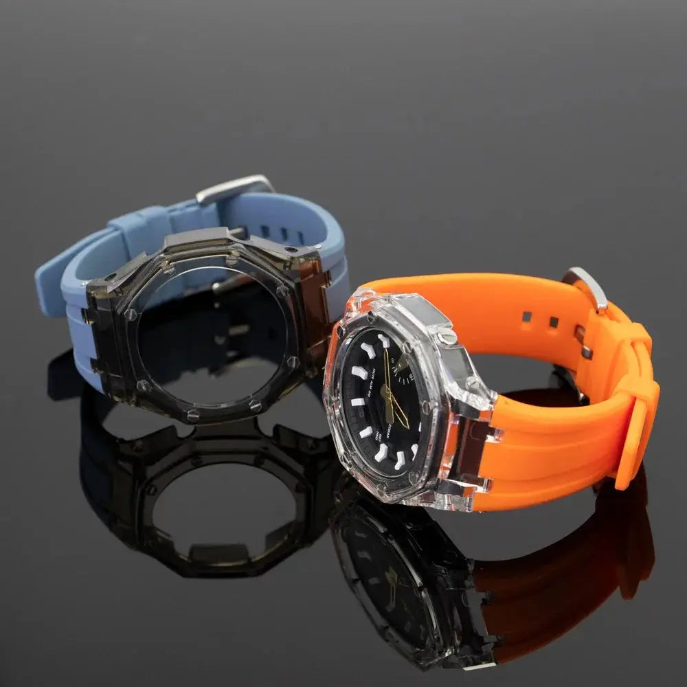Transparent mod kit PC case for Casioak GA2100/GA2110 with blue and orange rubber straps