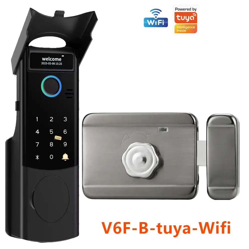 V6F-B Tuya-WiFi smart door lock with keypad, fingerprint, RFID; black body, silver strike plate
