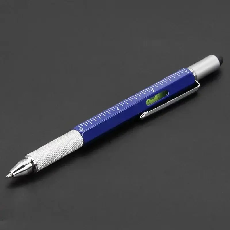 7-in-1 Simples Market multifunction ballpoint pen with blue body, ruler, spirit level, screwdriver and touch stylus