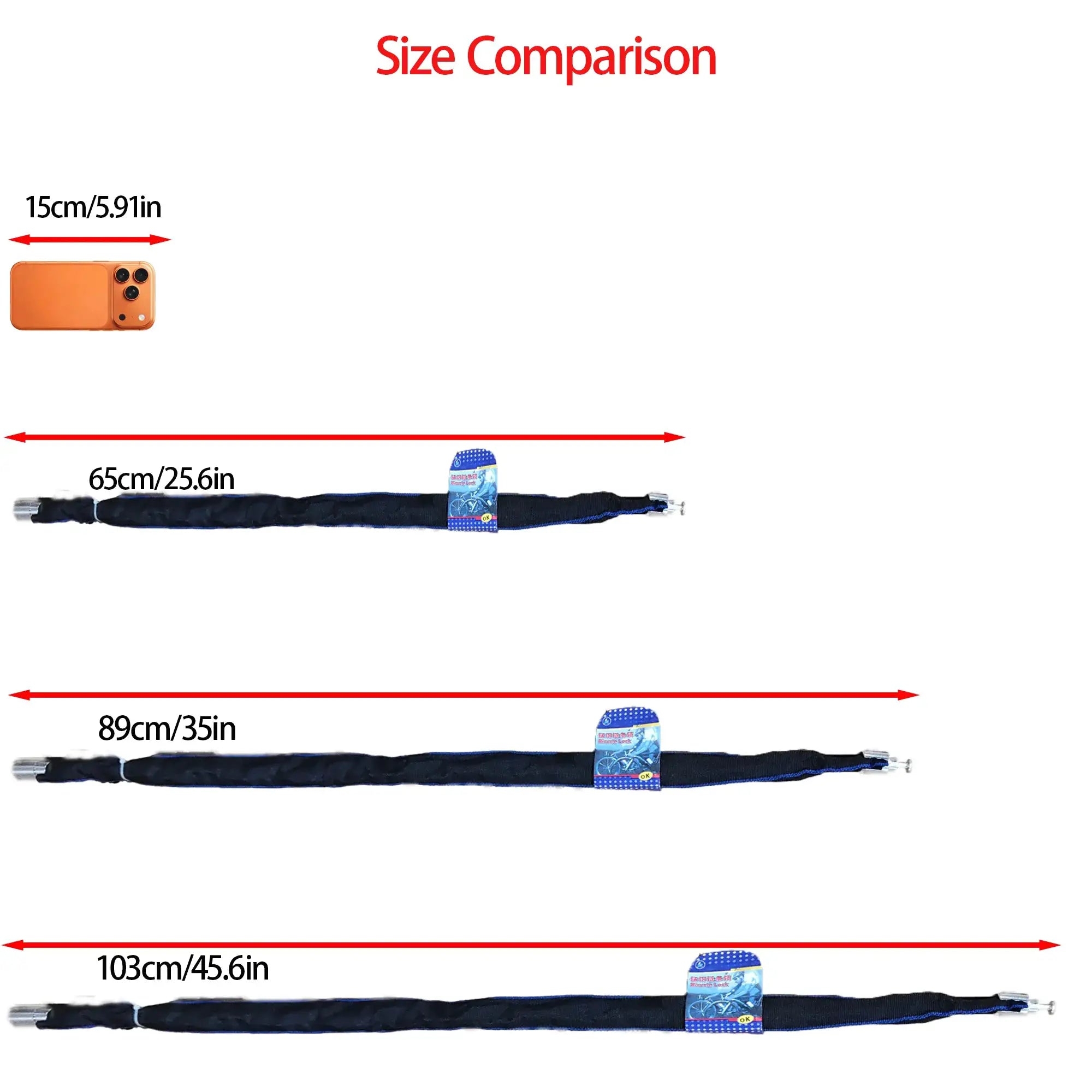 Simples Market XUNTING heavy-duty bike chain lock with nylon sleeve, steel chain, 360° rotating lock; lengths 65/89/103 cm.