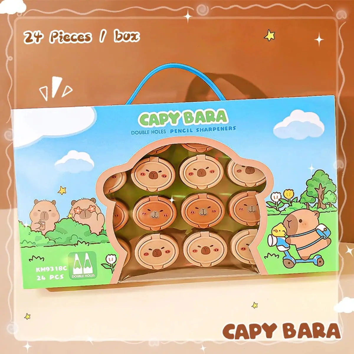Capybara cartoon flip-top dual-hole pencil sharpener set, 24 pcs in blue box by Simples Market