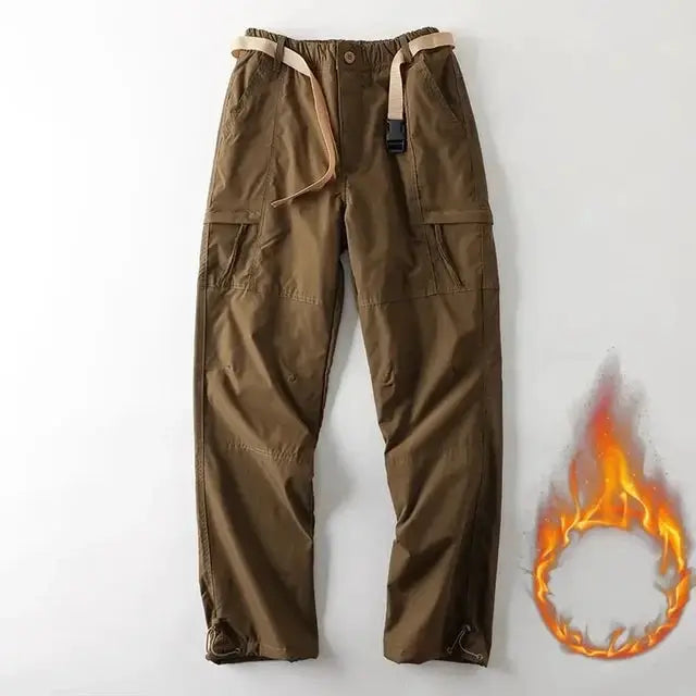 Tooling pants by Simples Market, brown fleece cargo waterproof pants with multiple pockets and belt.