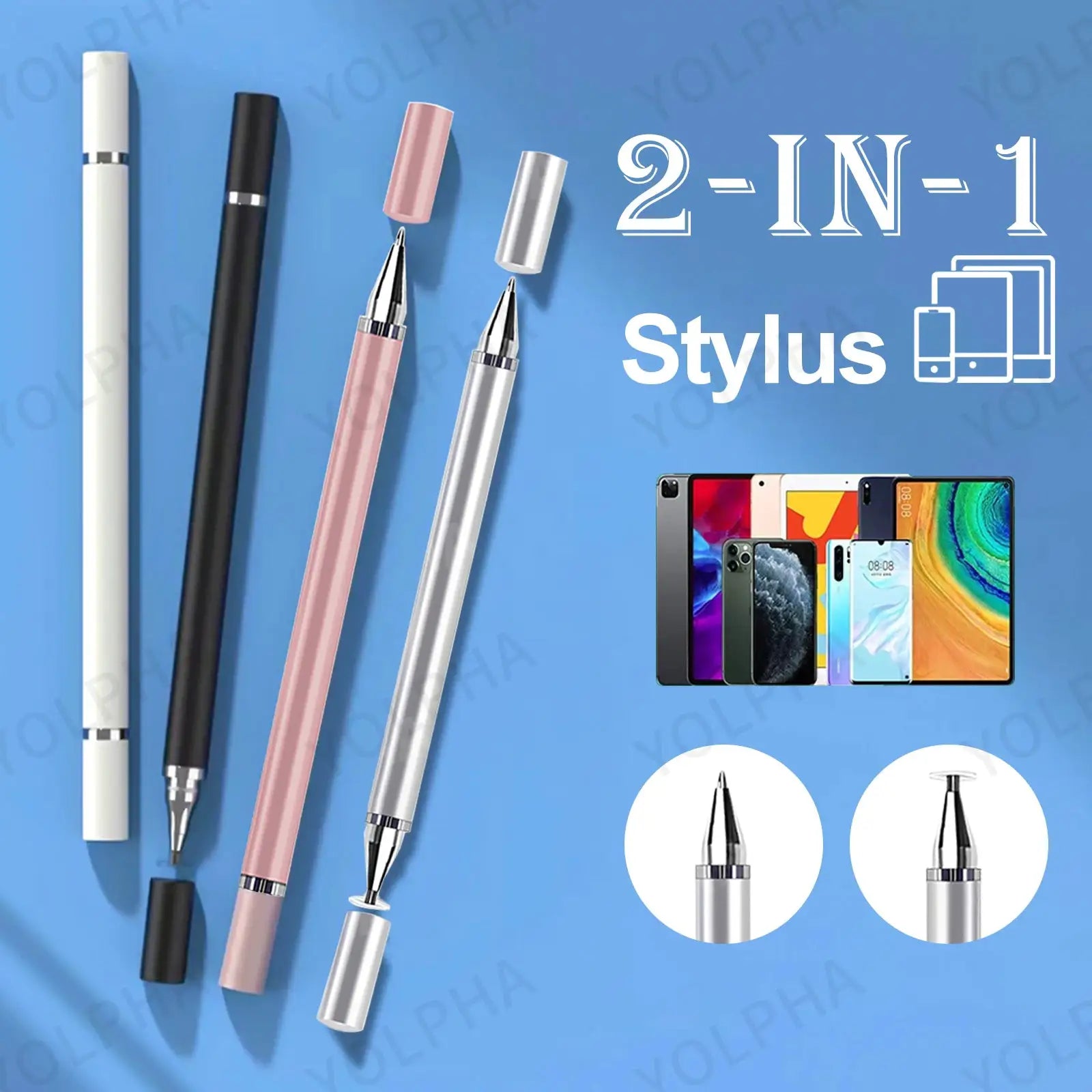 4-pack 2-in-1 universal stylus pen set in white, black, pink and silver for tablets and smartphones
