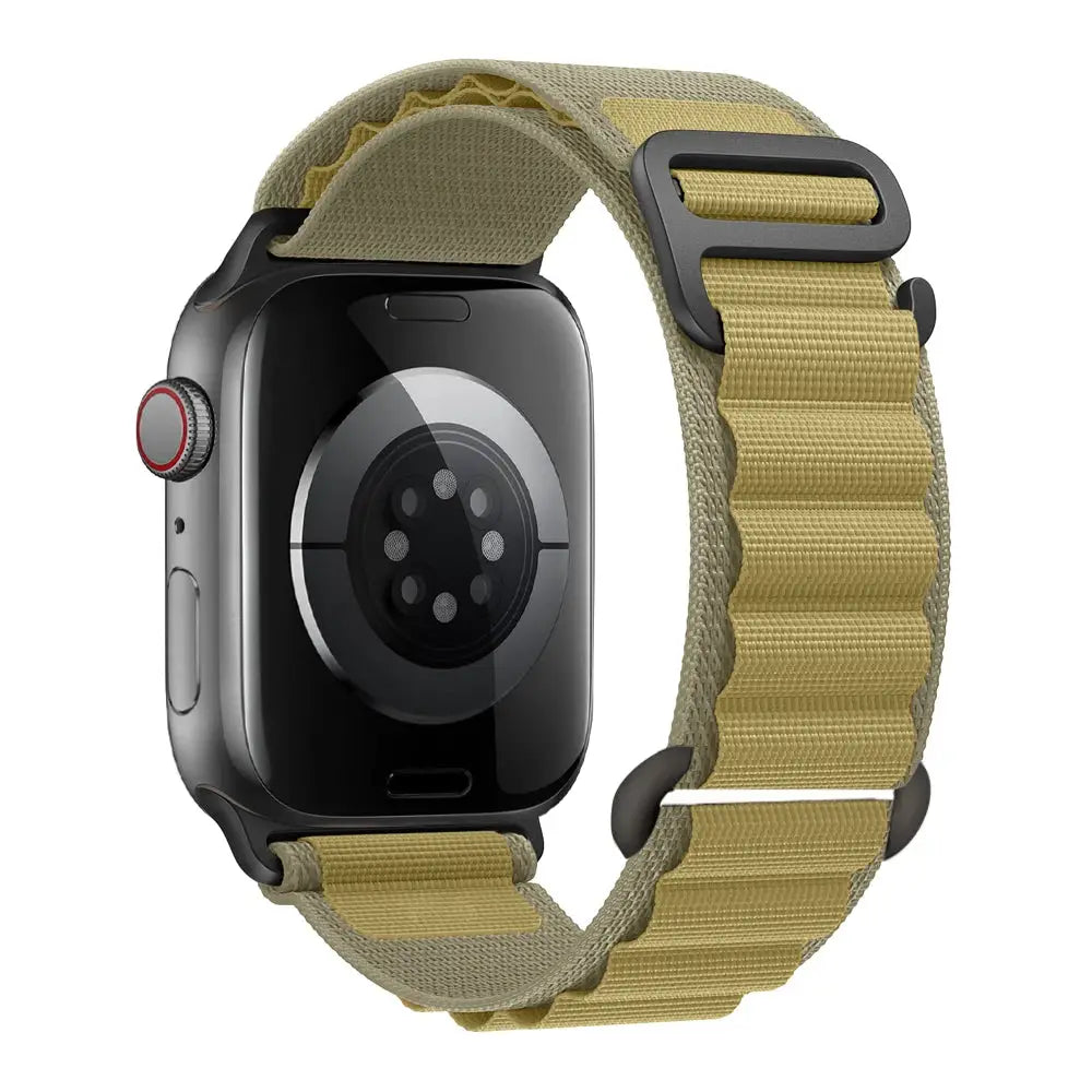 Apple Watch nylon Alpine strap by Simples Market in tan; adjustable band with black buckle