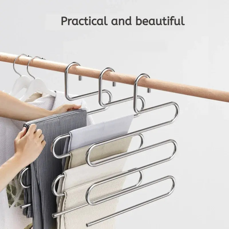 Five-layer stainless steel multi-functional clothes hanger rack with non-slip design for hanging and storage