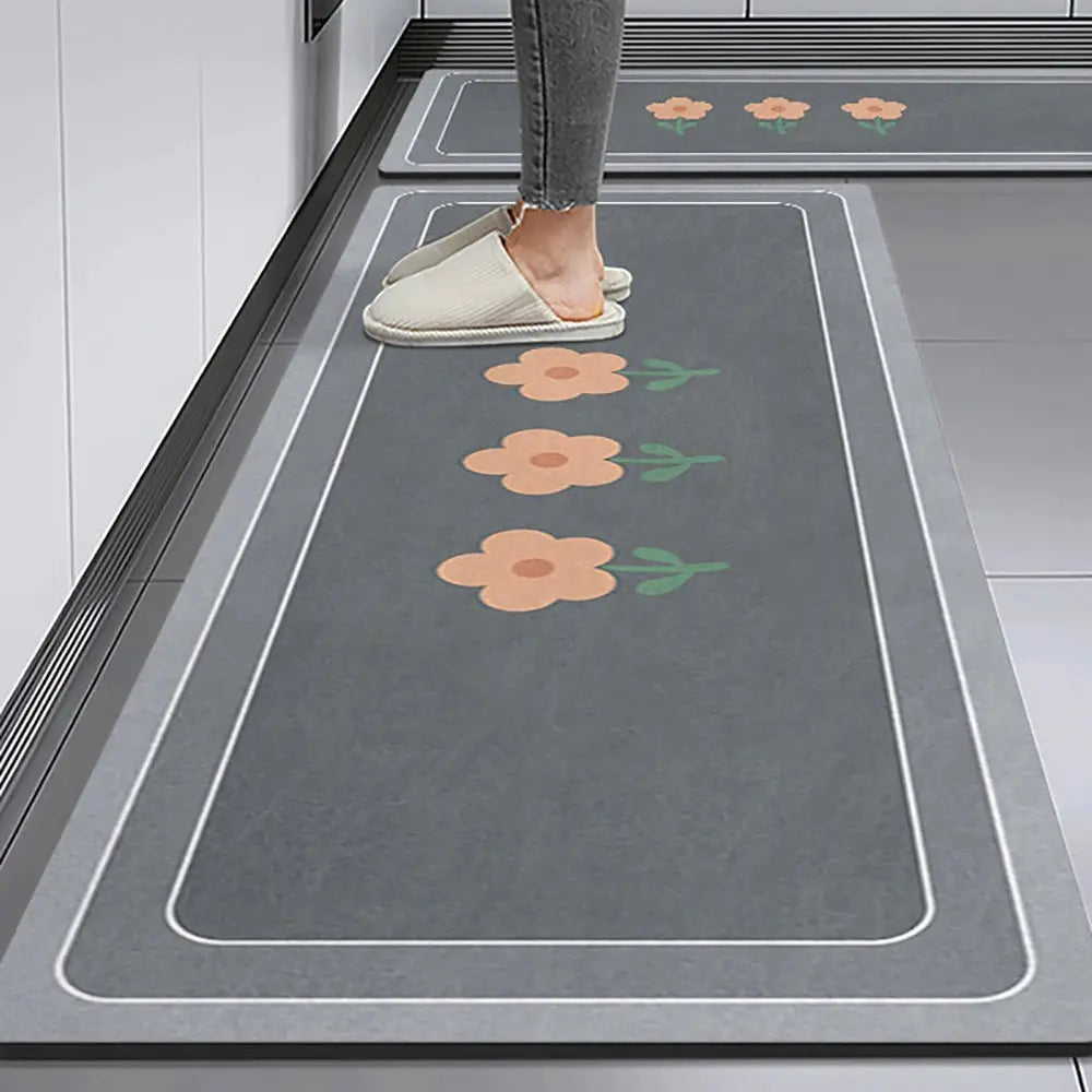 Pair of gray crystal-velvet non-slip kitchen runner mats with peach flowers