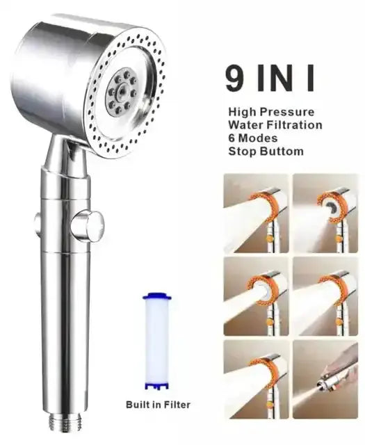 Shower head Simples Market chrome handheld with built-in filter, 9-in-1 high-pressure spray, 6 modes