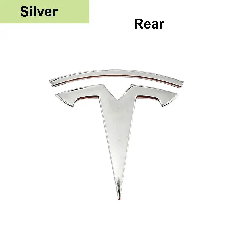 Tesla-style chrome emblem badge, zinc alloy with silver finish for Model 3/Y front hood or rear trunk.