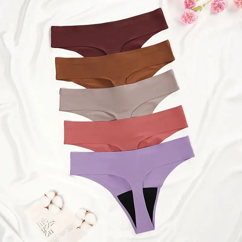 Seamless low-waist menstrual panties, five-pack in burgundy, brown, taupe, pink, and lavender thong style