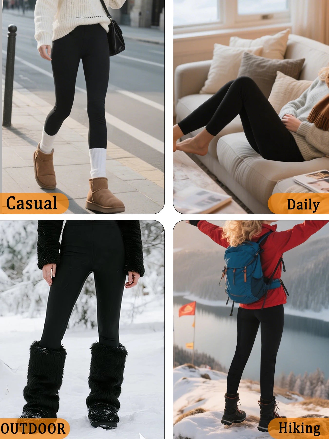 Simples Market Women's thermal fleece-lined leggings; black, versatile set of four looks for casual to hiking