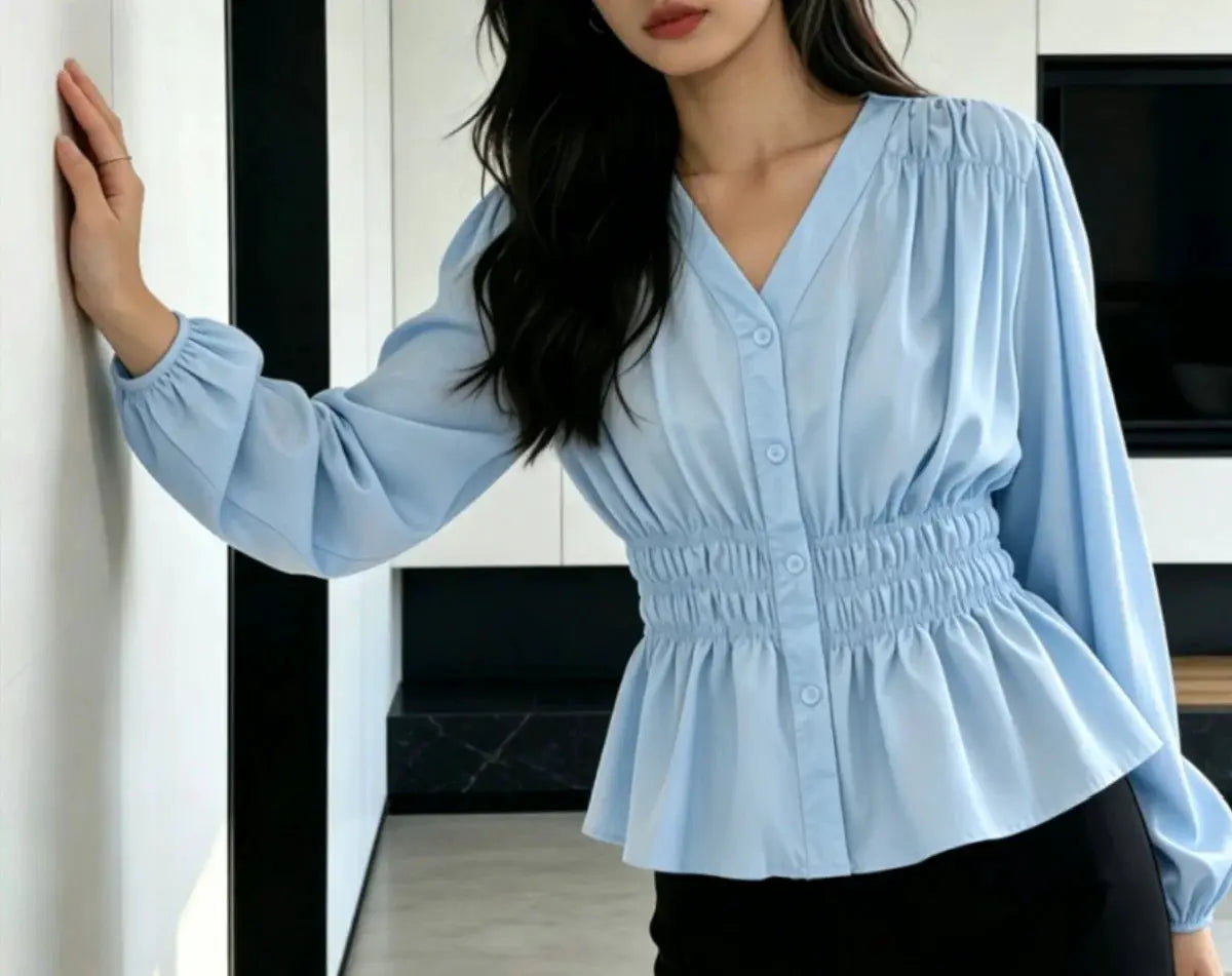 Plus Size Elastic Waist V Neck Puff Sleeve Blouse For Summer