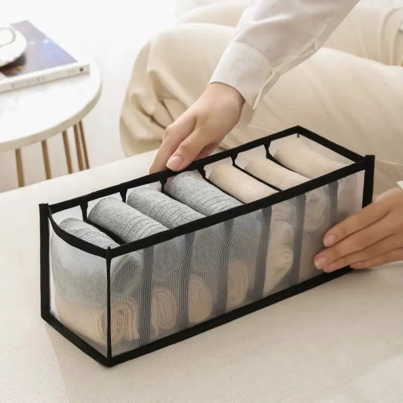 Organizer box for panties and socks, six mesh compartments in a black frame with gray and beige underwear.