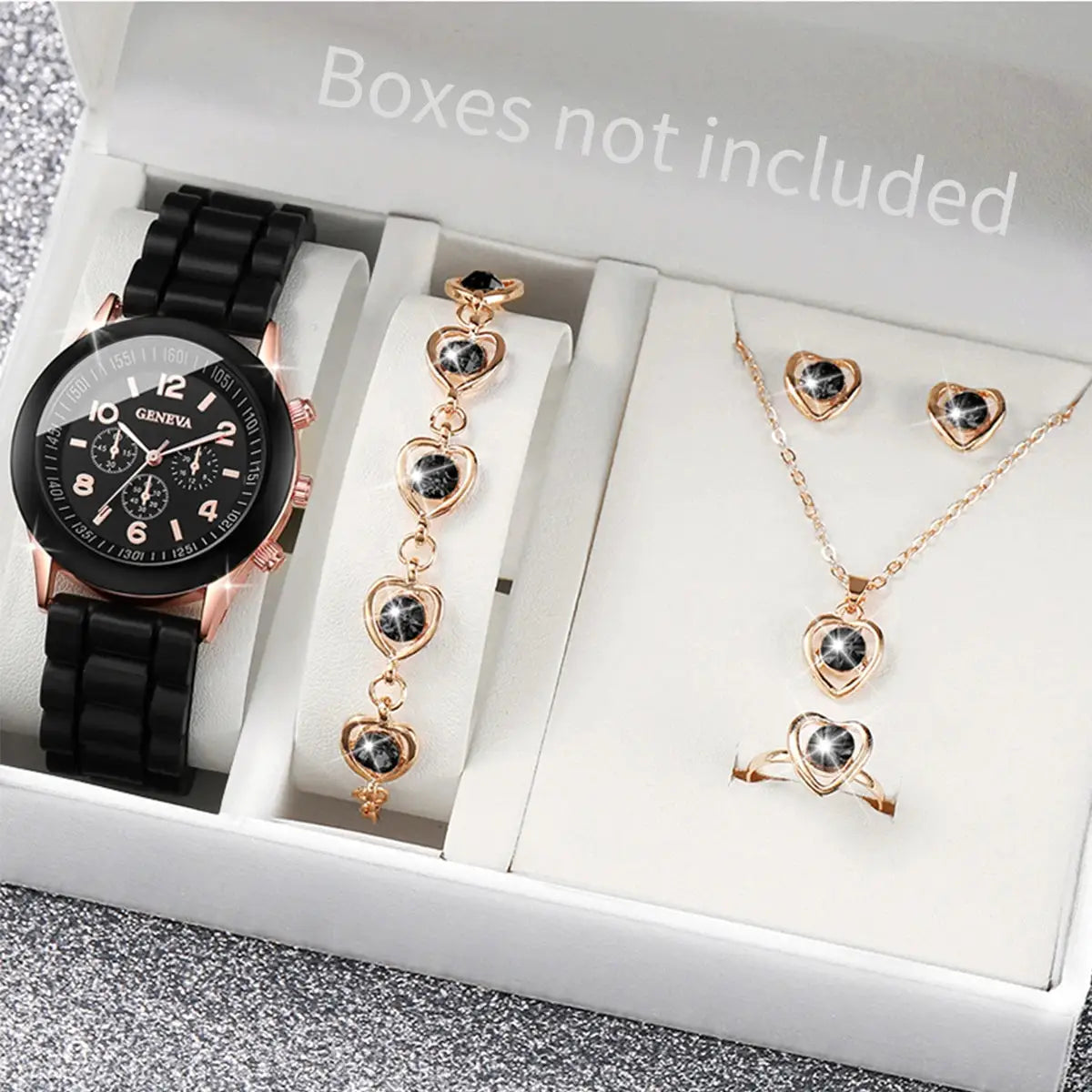 Geneva watch set with black silicone strap plus rose-gold heart bracelet, earrings, necklace, and ring