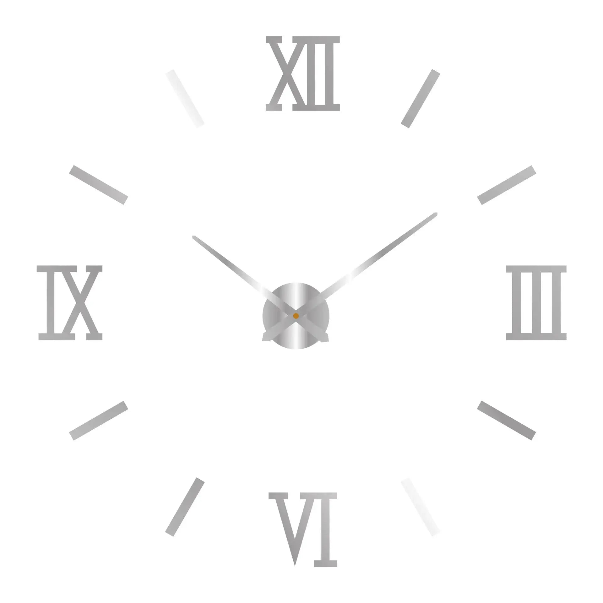 Large modern wall clock with Roman numerals and silver metal hands, acrylic mirror dial