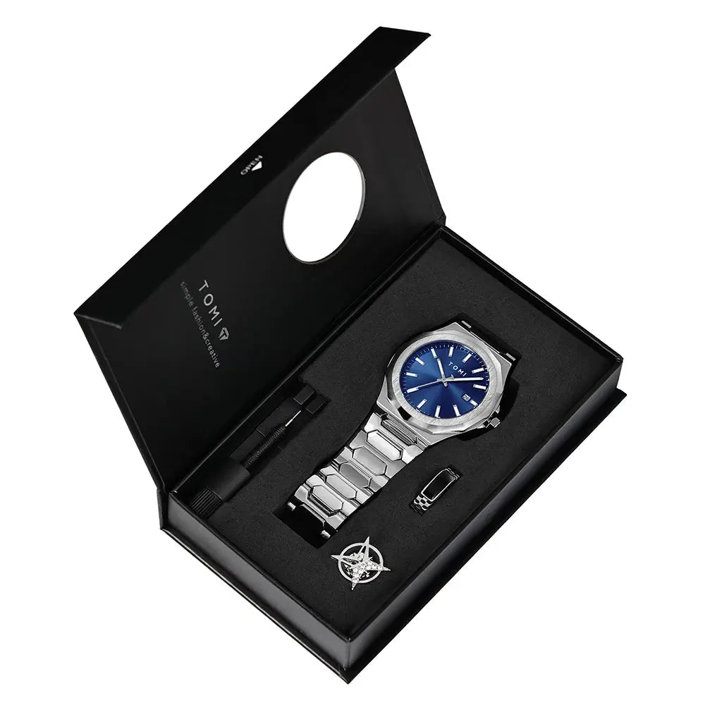 TOMI Luxury Mens Quartz Watch Gift Box Set Rose Gold Case Minimalist Numberless Dial With Calendar Feature