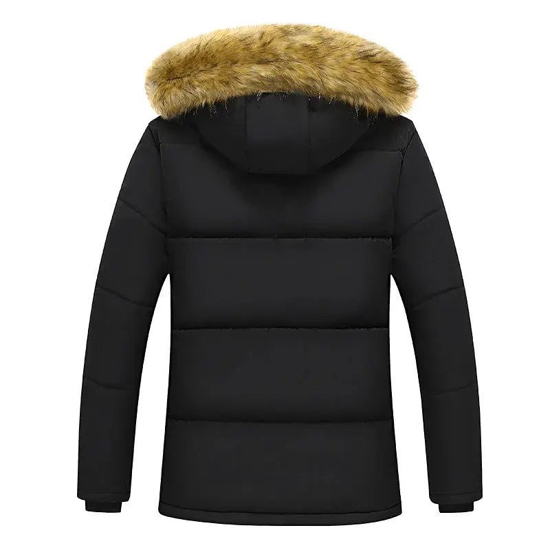 Men's black windproof fleece parka jacket with thick padding and fur-trim hood.