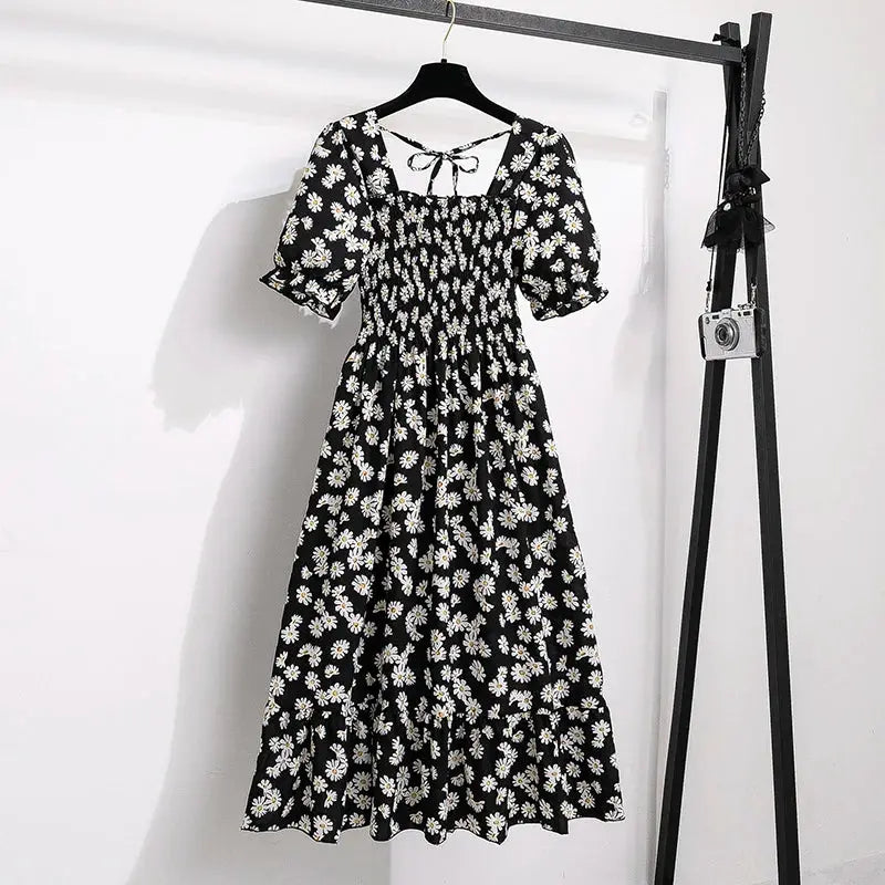 Chiffon Spring Summer A Line Dress For Women With Elastic Waist Pleated Short Sleeve Casual Flattering Fit
