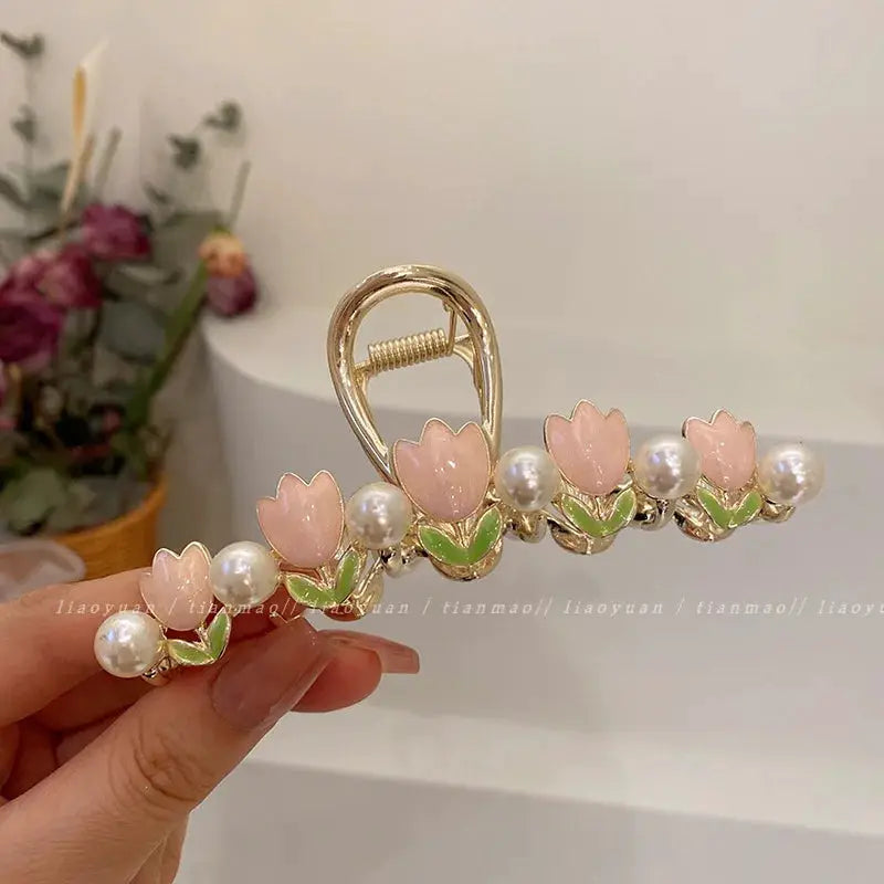 Glamora Metal Hair Claw With Gold Flower Design For Secure Ponytails And Elegant Updos