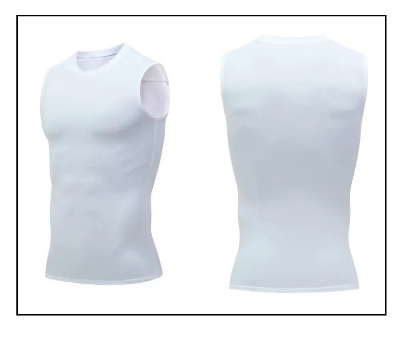 Men's white compression tank top, sleeveless gym shirt, front and back views
