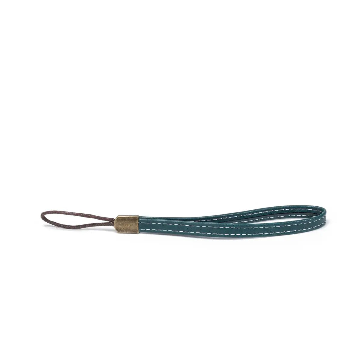 Simples Market teal leather wallet wrist strap with brass end and brown loop