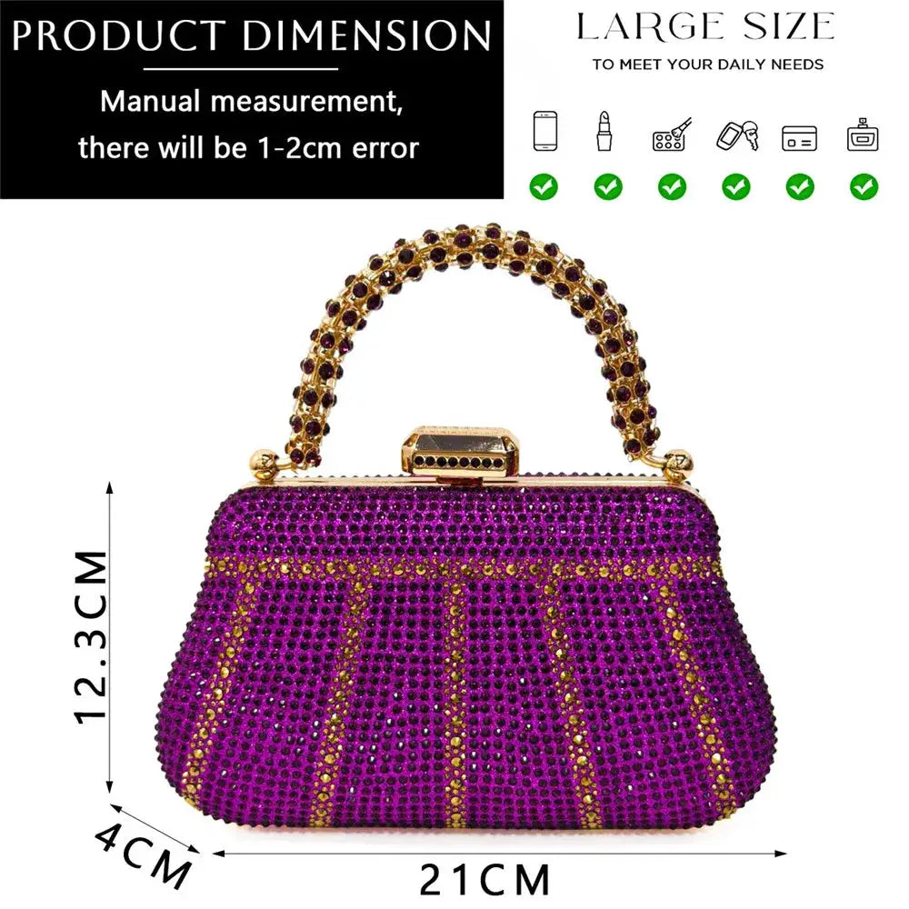 Purple rhinestone evening clutch with gold-tone clasp and gem-studded chain handle, 21cm wide by 12.3cm high.