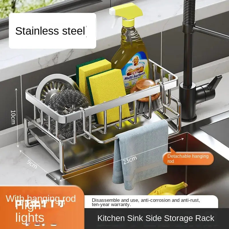 Simples Market stainless steel kitchen sink side storage rack with detachable hanging rod for sponge and towels