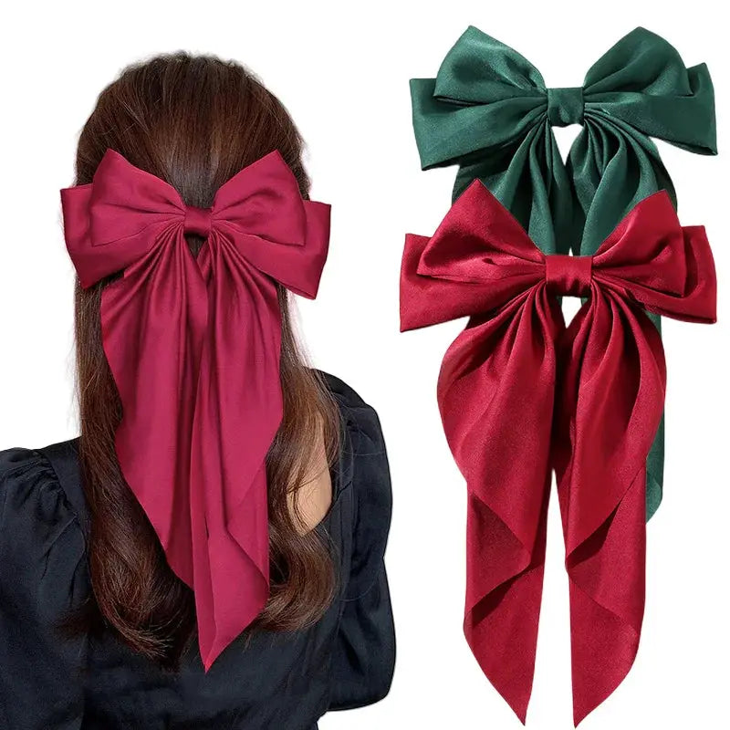 Korean Satin Bowknot Hair Clip For Women And Girls Long Ribbon Solid Color Barrette Hair Accessory