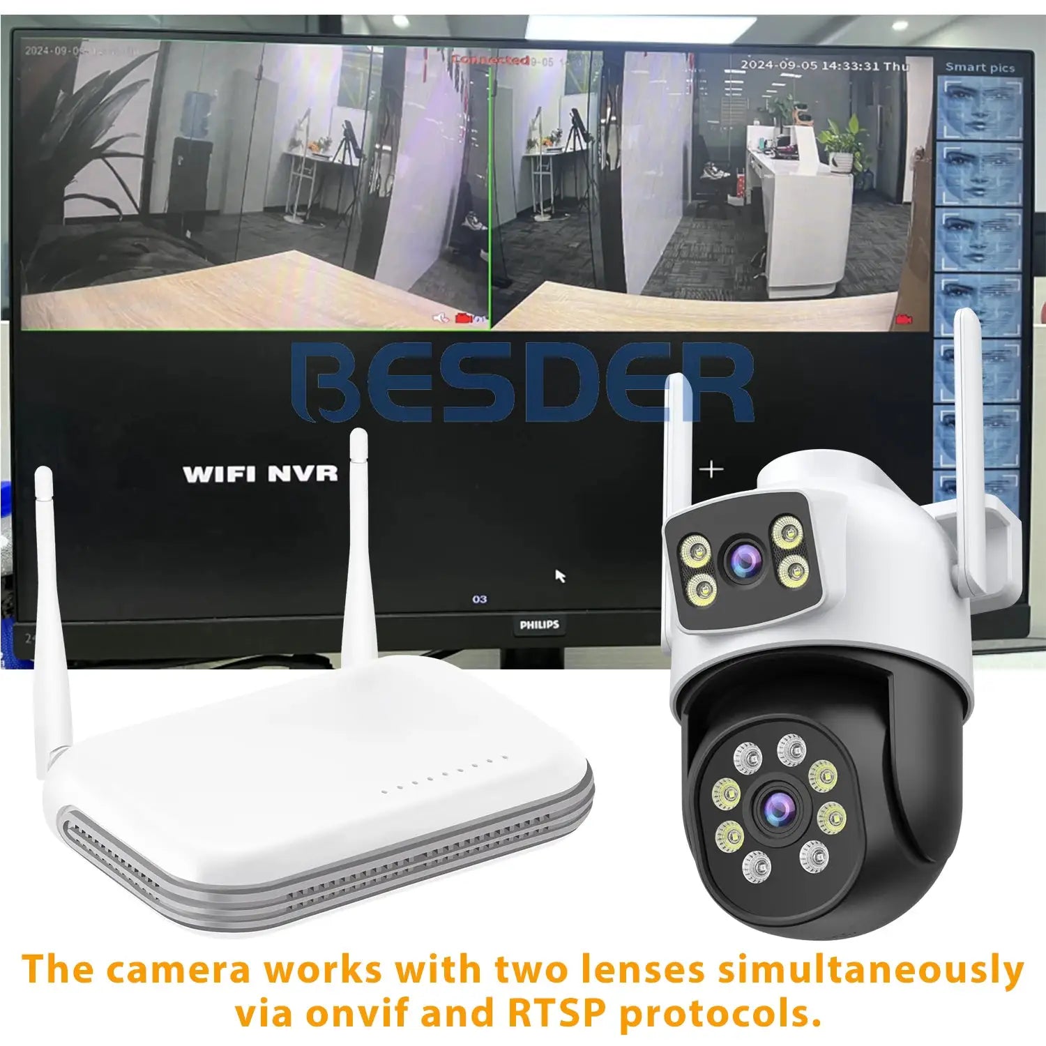 BESDER wifi CCTV kit with dual-monitor display, white outdoor PTZ security camera and NVR router by Simples Market