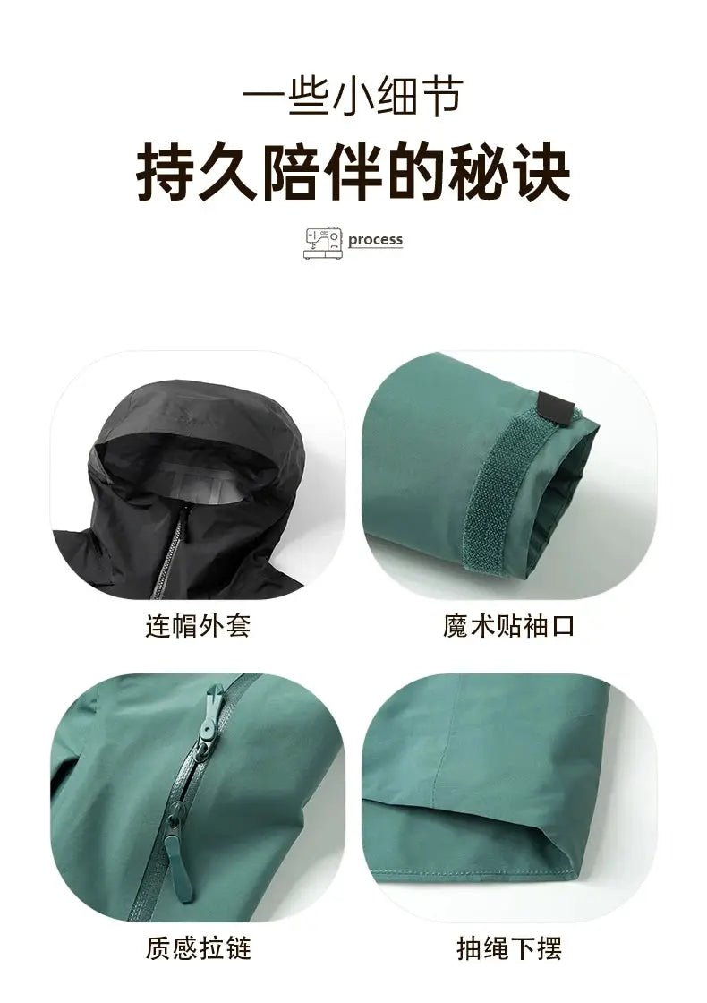 Simples Market teal windproof hooded jacket with zip, hook-and-loop cuffs, and drawcord hem