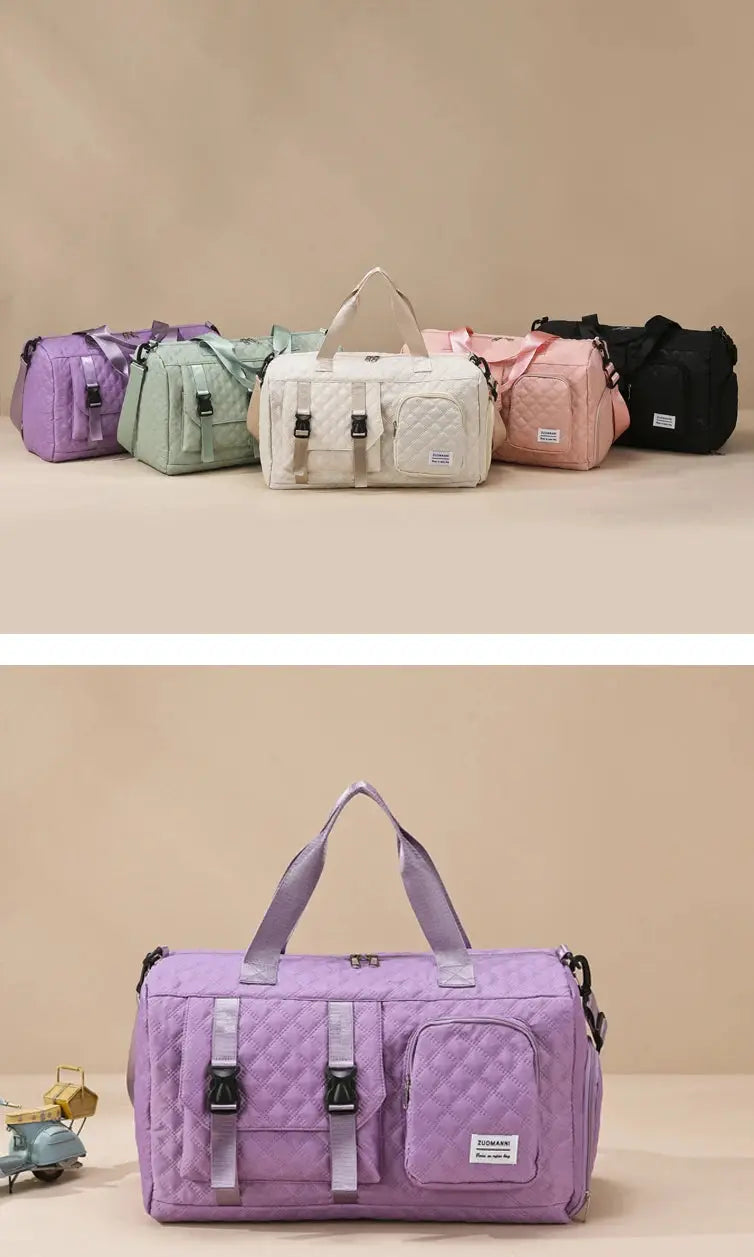 Simples Market six quilted nylon travel duffle bags in pastel colors with top handles and front pockets
