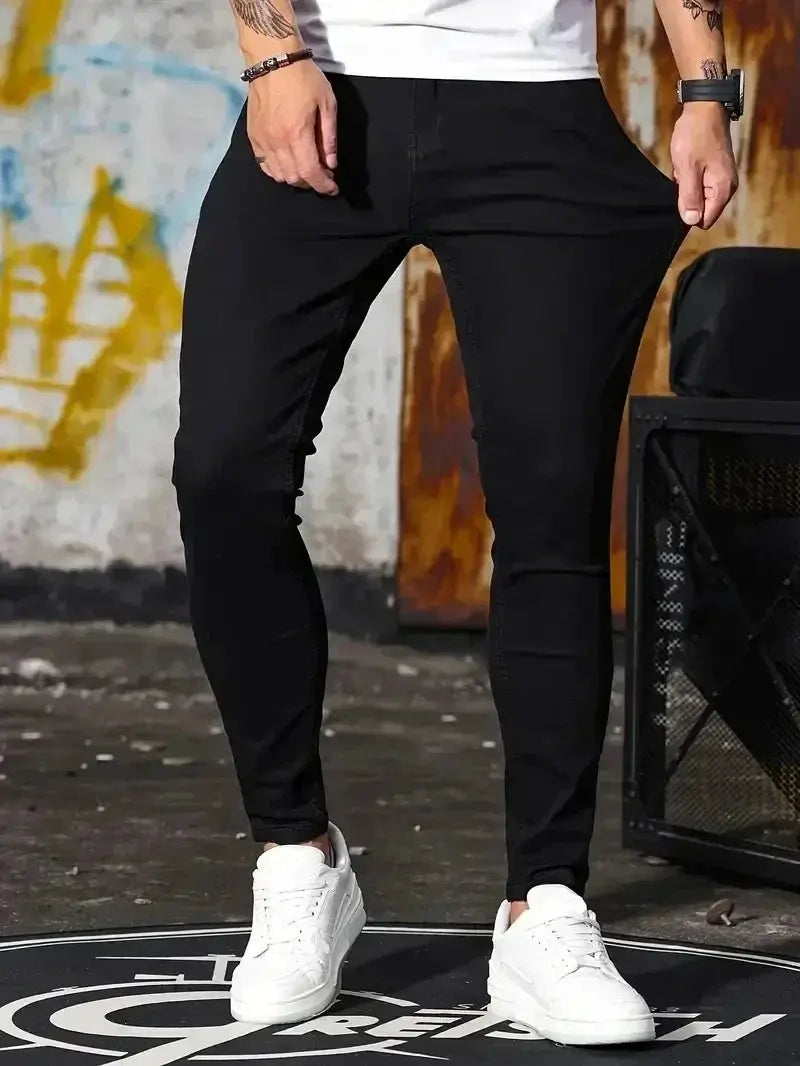 Men's stretch skinny black denim jeans, Simples Market, slim-fit streetwear trousers.