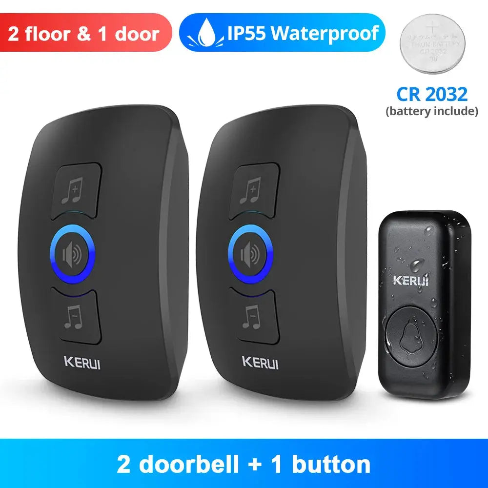 KERUI black wireless doorbell set with blue LED ring; IP55 waterproof, includes 2 doorbells and 1 wireless button