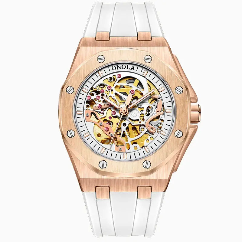 ONOLA men's skeleton watch with rose-gold case, white strap and visible gears; automatic movement.