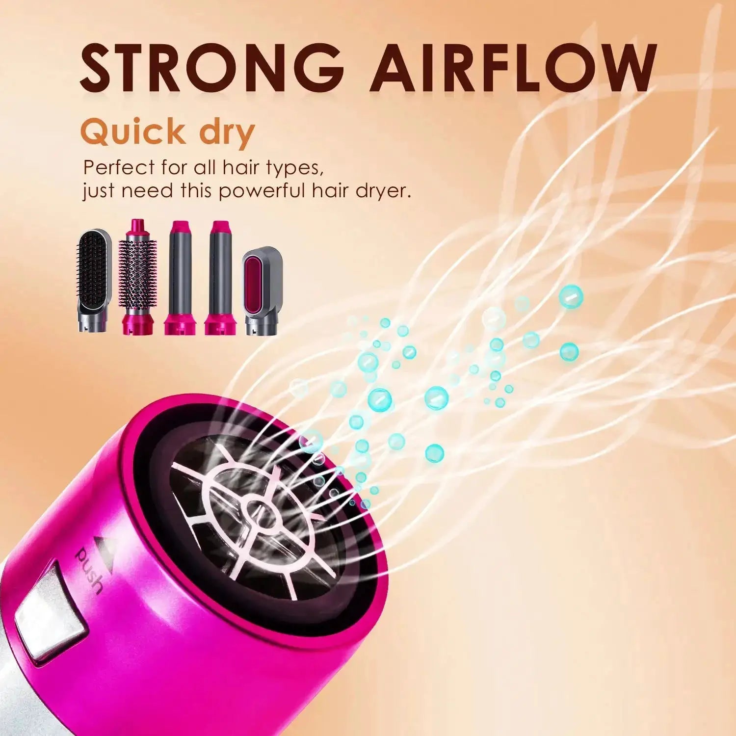 Pink 5-in-1 hair dryer with five removable attachments and air comb.