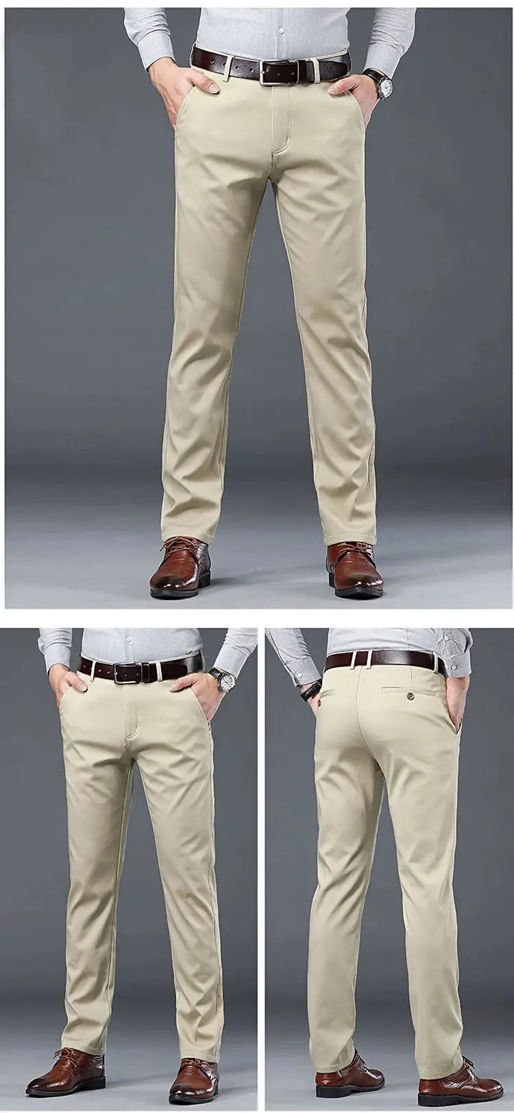 Slim-fit men's cotton trousers in khaki beige for business casual wear