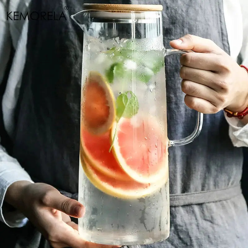 Thickened Borosilicate Glass Kettle With Bamboo Lid And Filter Cover 1000ML And 1500ML Capacity For Juice And Coffee