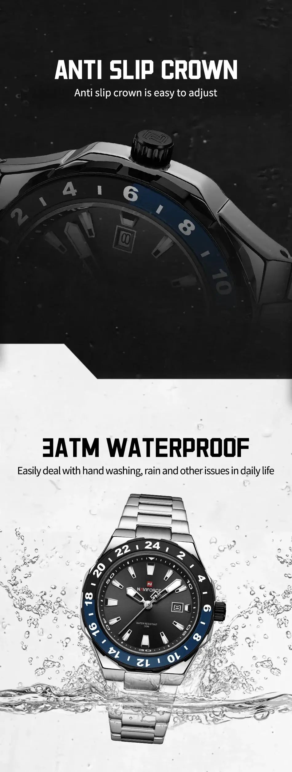 Naviforce men's stainless steel watches (2) with blue bezel, luminous dials, date windows and water resistant