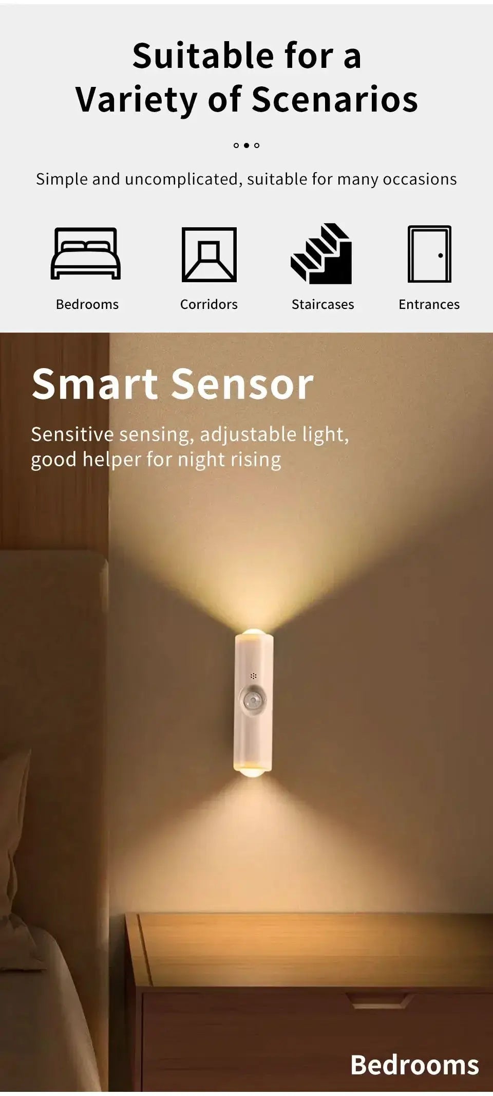 Smart RGB gradient wall light with motion sensor; rechargeable, mounted on bedroom wall beside a nightstand.