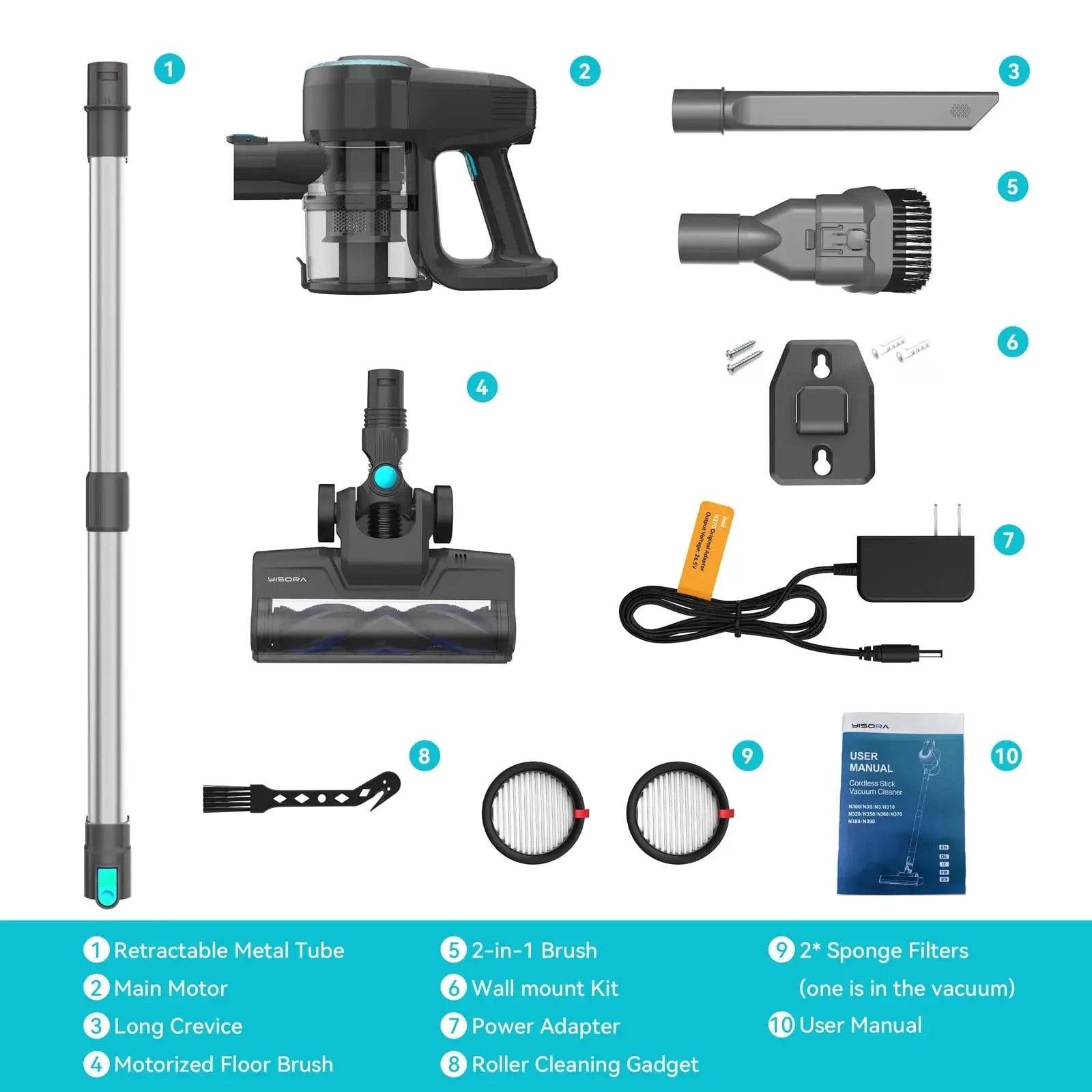 YISORA N300 cordless upright vacuum cleaner by Simples Market with 10-piece accessory kit for carpet and hard floors