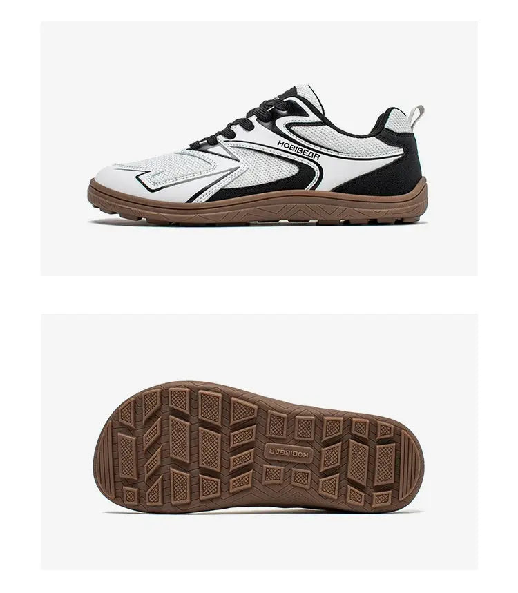 HOBIBEAR barefoot minimalist shoes, white with black accents, brown non-slip outsole, unisex wide width, two views